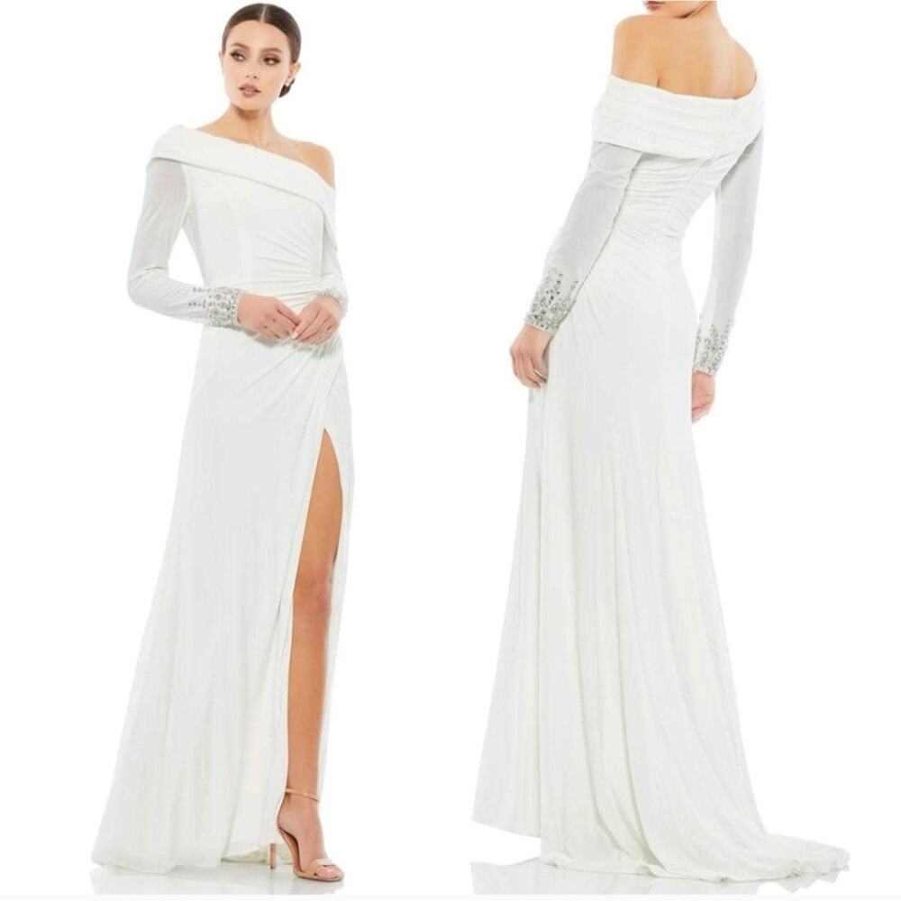 Mac Duggal 12231 White Beaded Cuff Drop Shoulder Faux Wrap Gown Dress Size 10